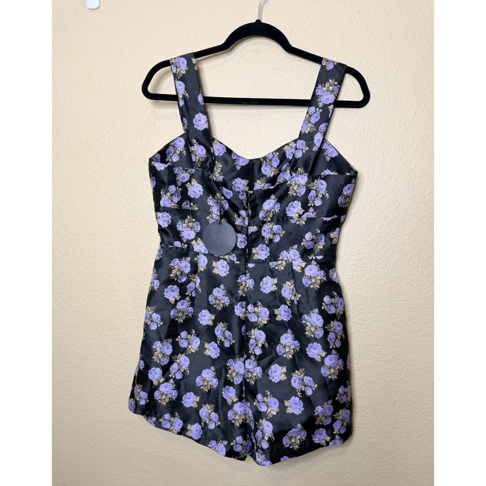 Storia Purple Rose Floral Satin Jacquard Romper Black Large NEW Coquette Brunch - Picture 7 of 10